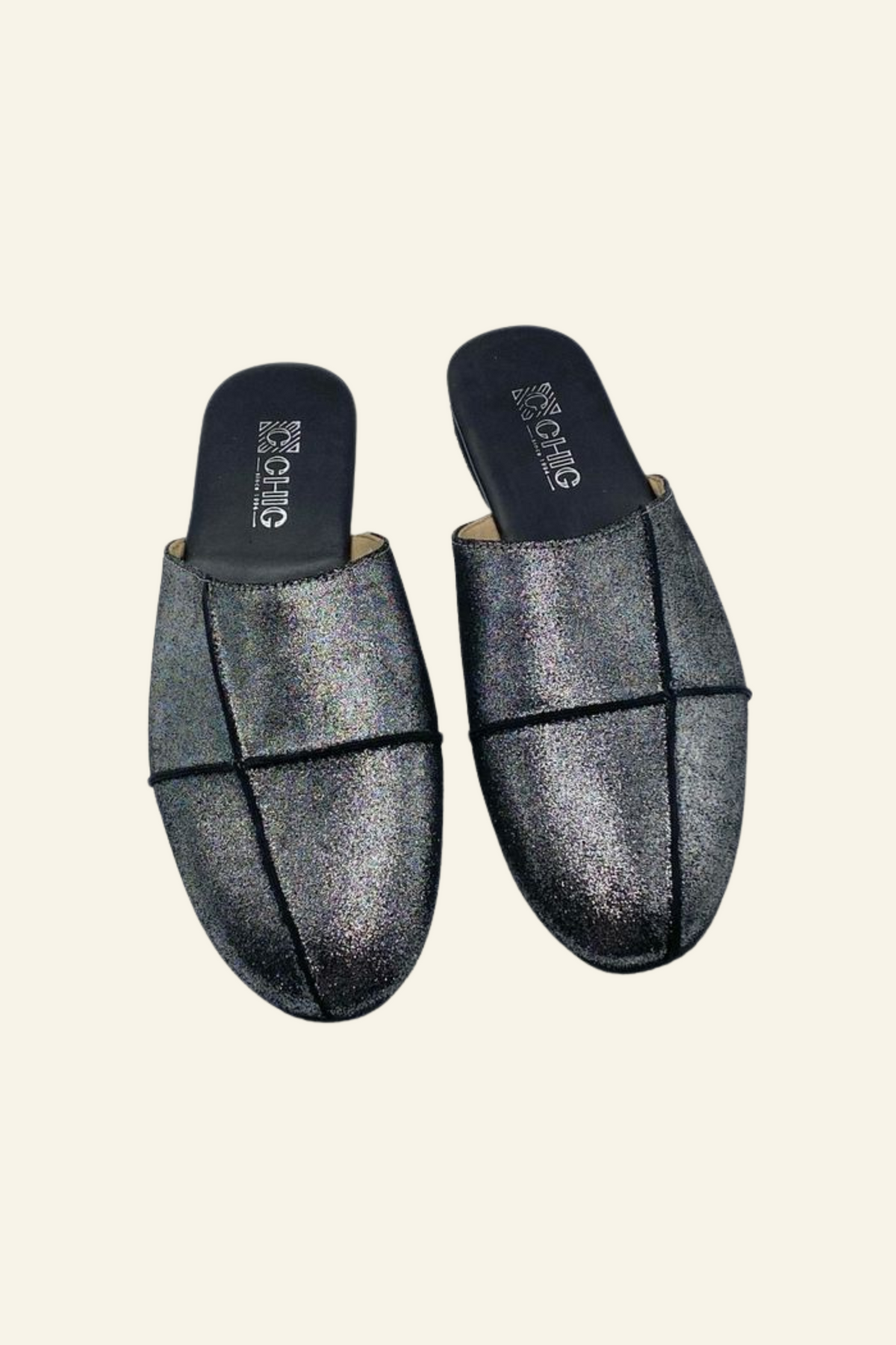 Black Metallic Leather Slippers