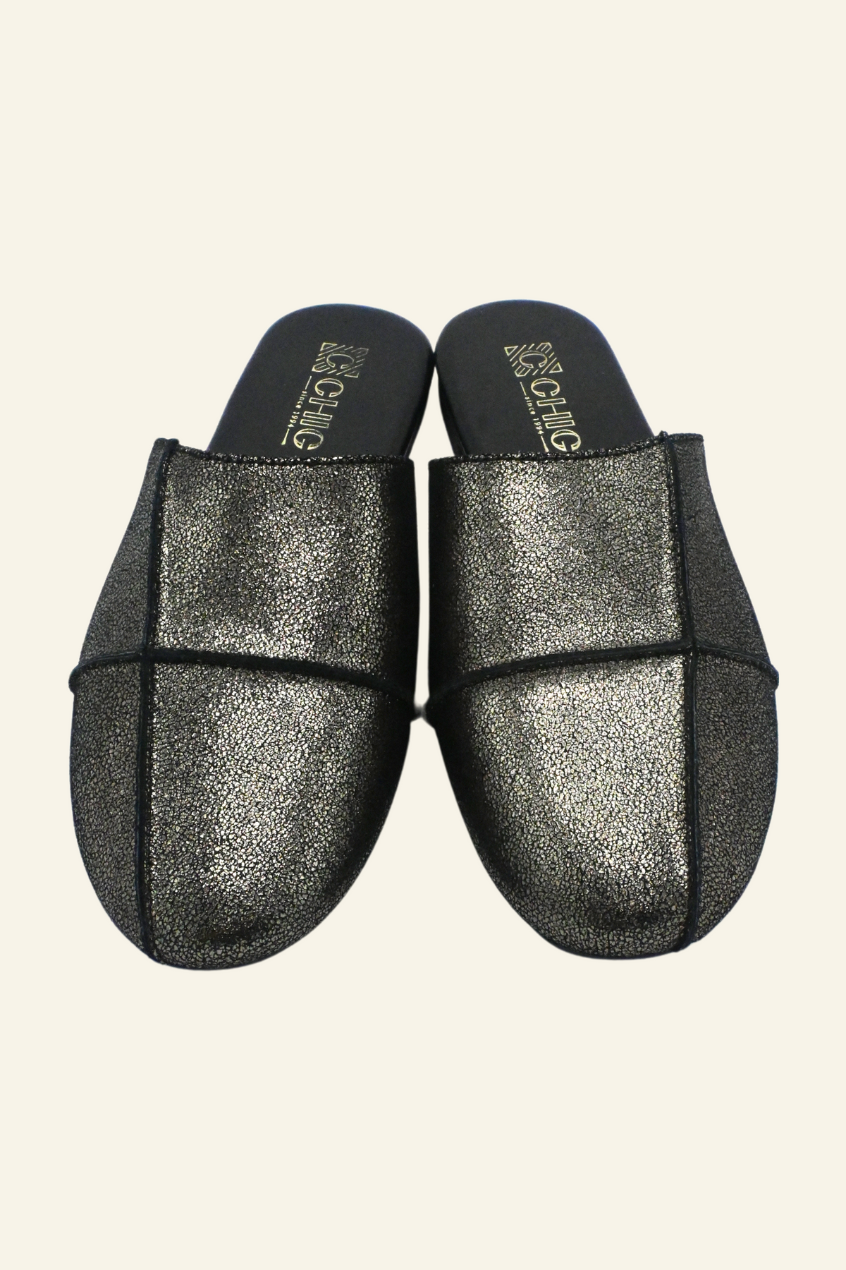 Black Metallic Leather Slippers