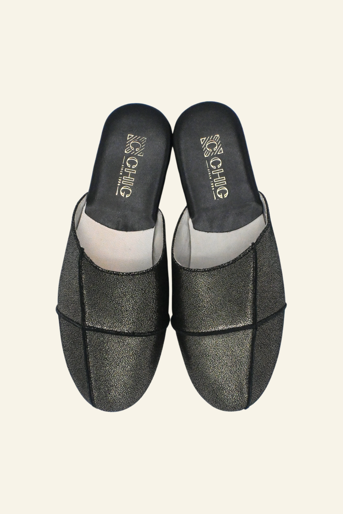 Black Metallic Leather Slippers