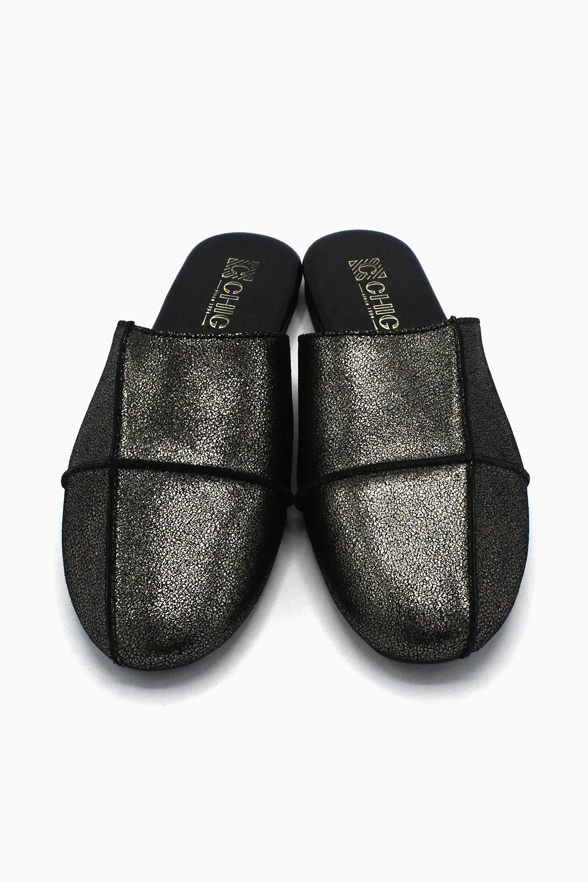 Black Shimmery Leather Slippers