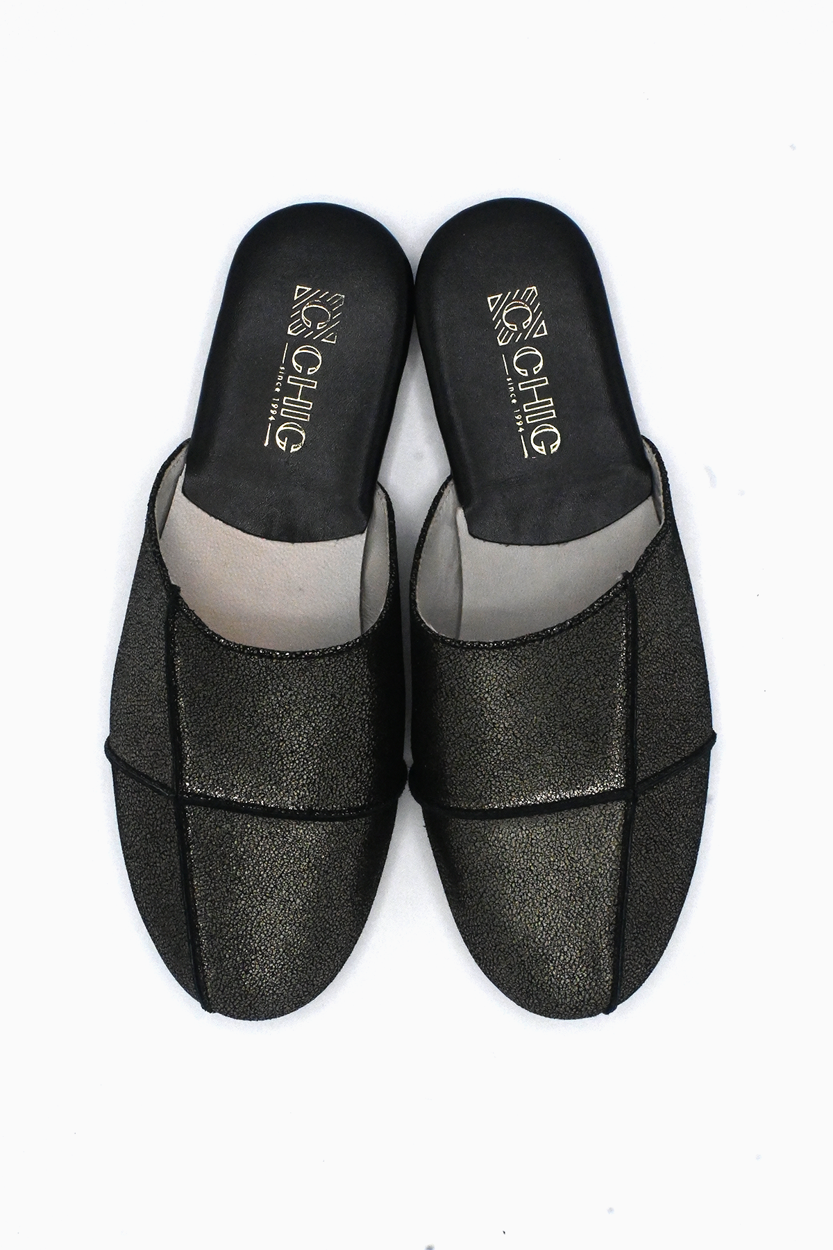 Black Shimmery Leather Slippers