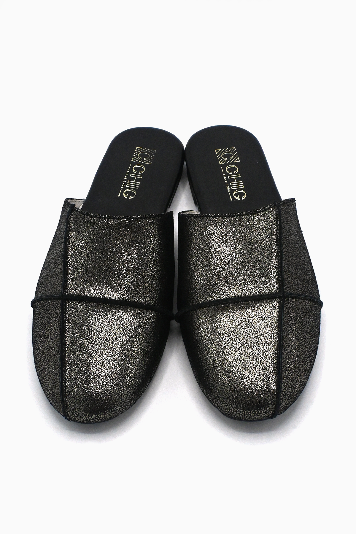 Black Shimmery Leather Slippers